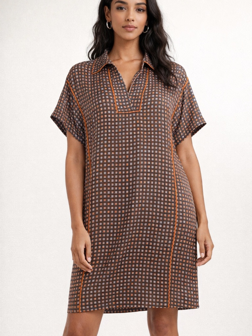 Diane Von Furstenberg Navy and Orange Geometric silk shift dress